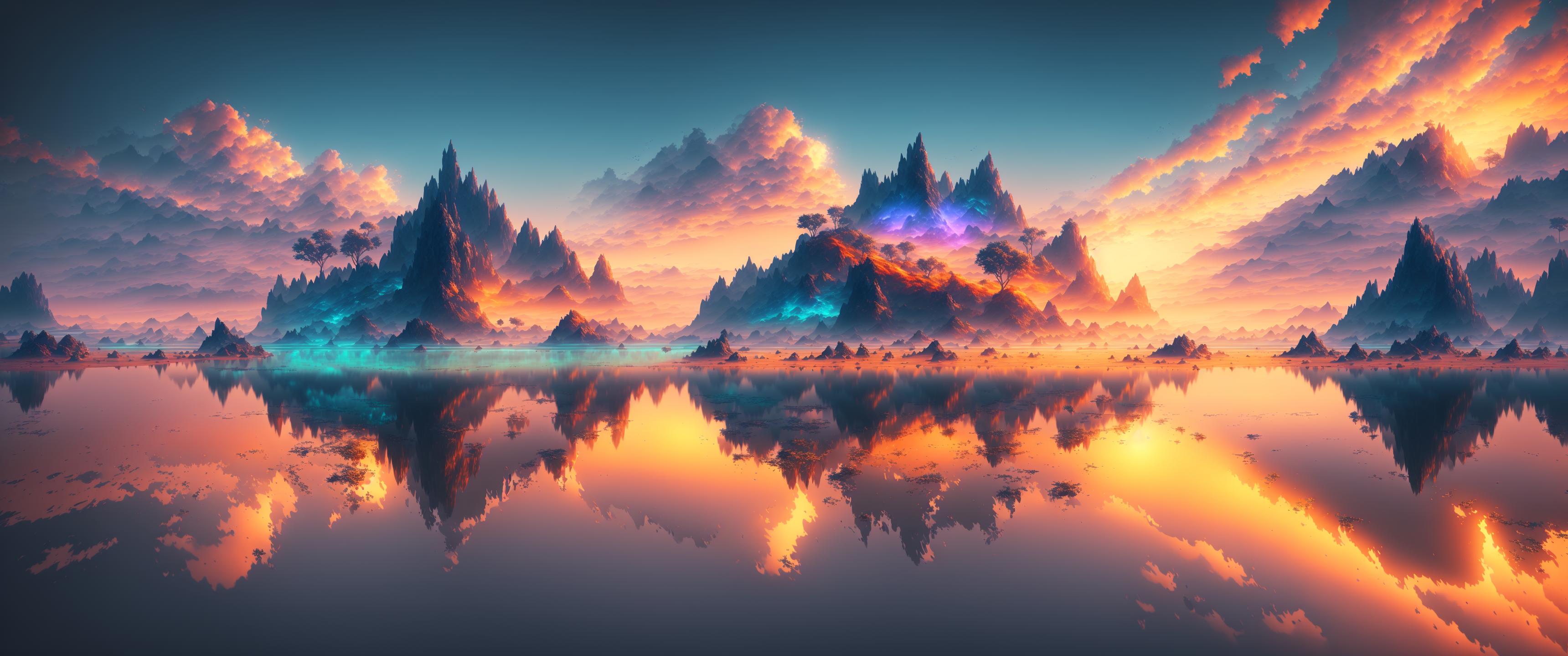 AI Art - Mountain Reflection Sunset